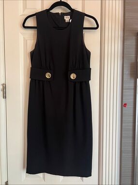 Cache Black Midi Sheath Dress with Gold Button Waist Tabs
